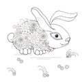 Flower doodle rabbit monochrome art design element for antistress page, coloring book